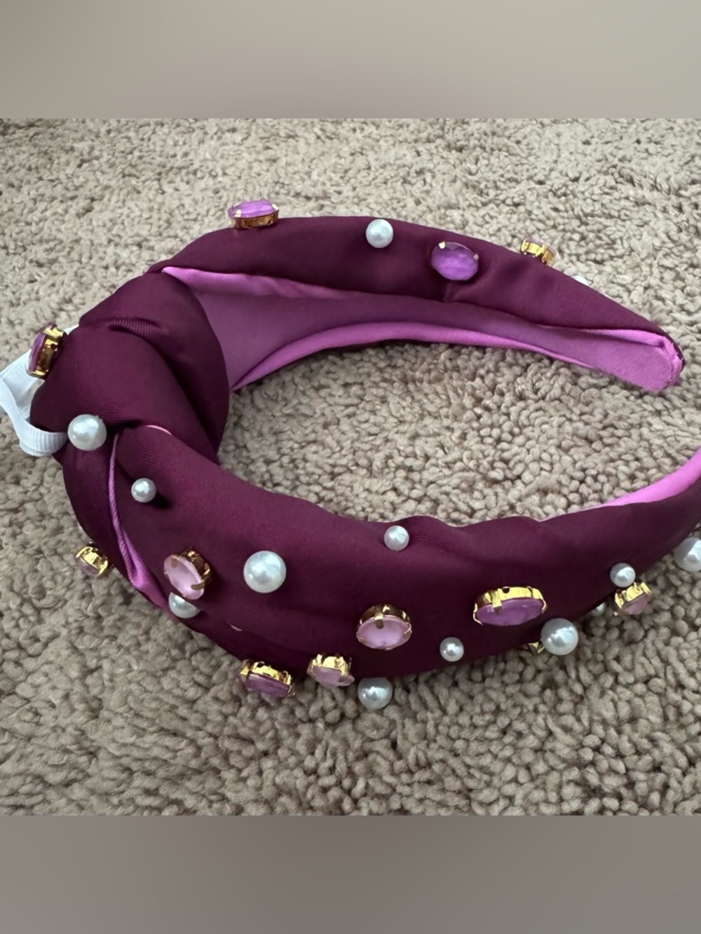 Lilly Pulitzer Plum Satin Knotted Headband with Pink Gems & Pearls
